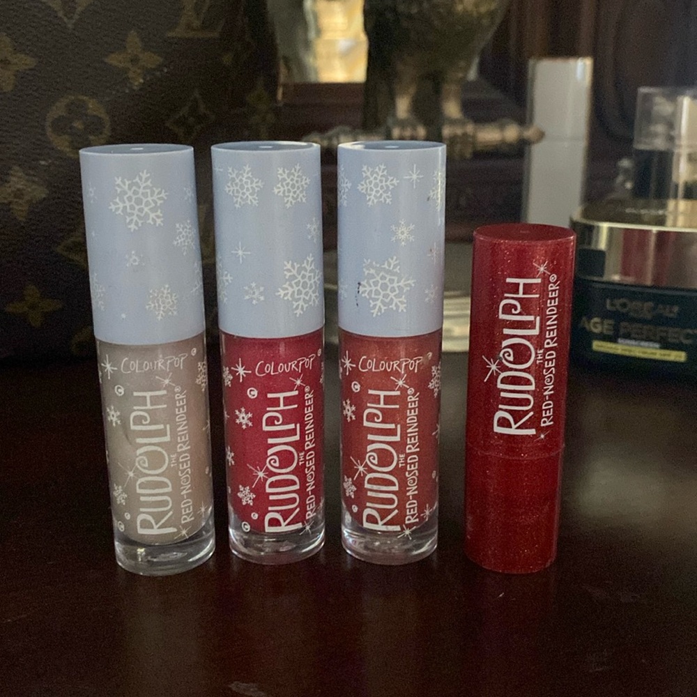 Colourpop Christmas 2023 Rudolph lip gloss all 3 and Clarice lipstick